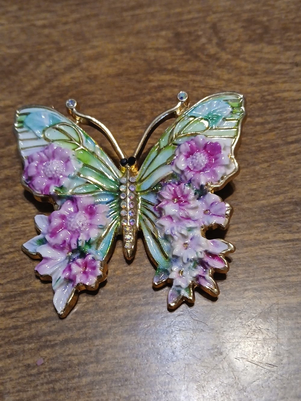 Floral Enamel Butterfly Brooch in Pink, Green & Gold